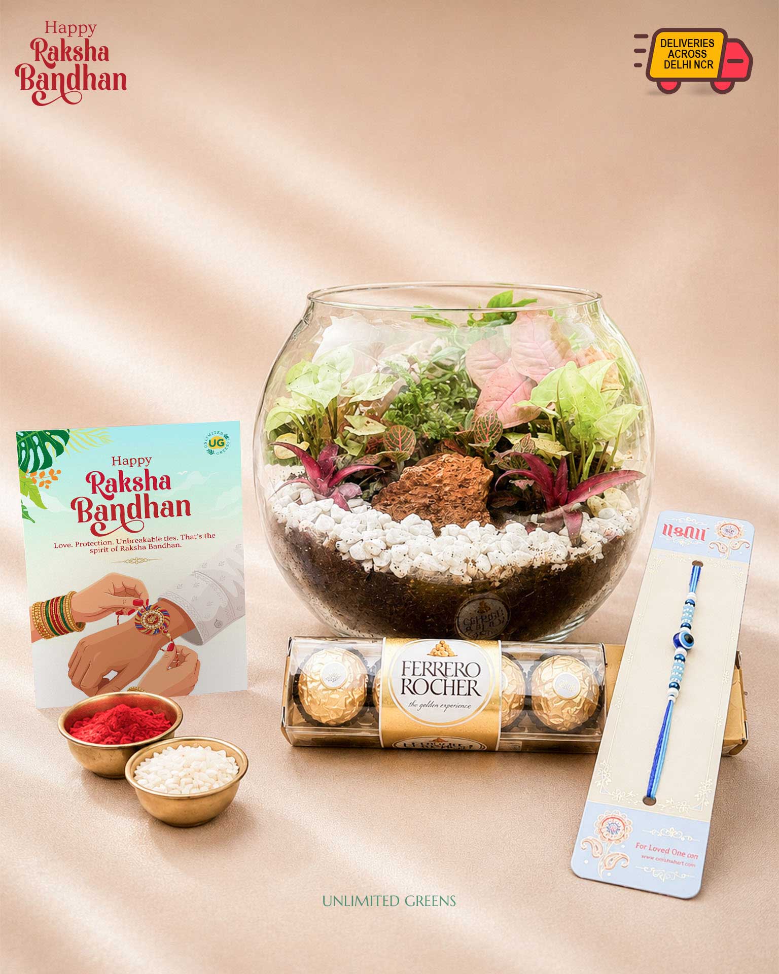 Terrarium Rakhi Gift – Eco-Friendly Rakhi with Chocolate & Card
