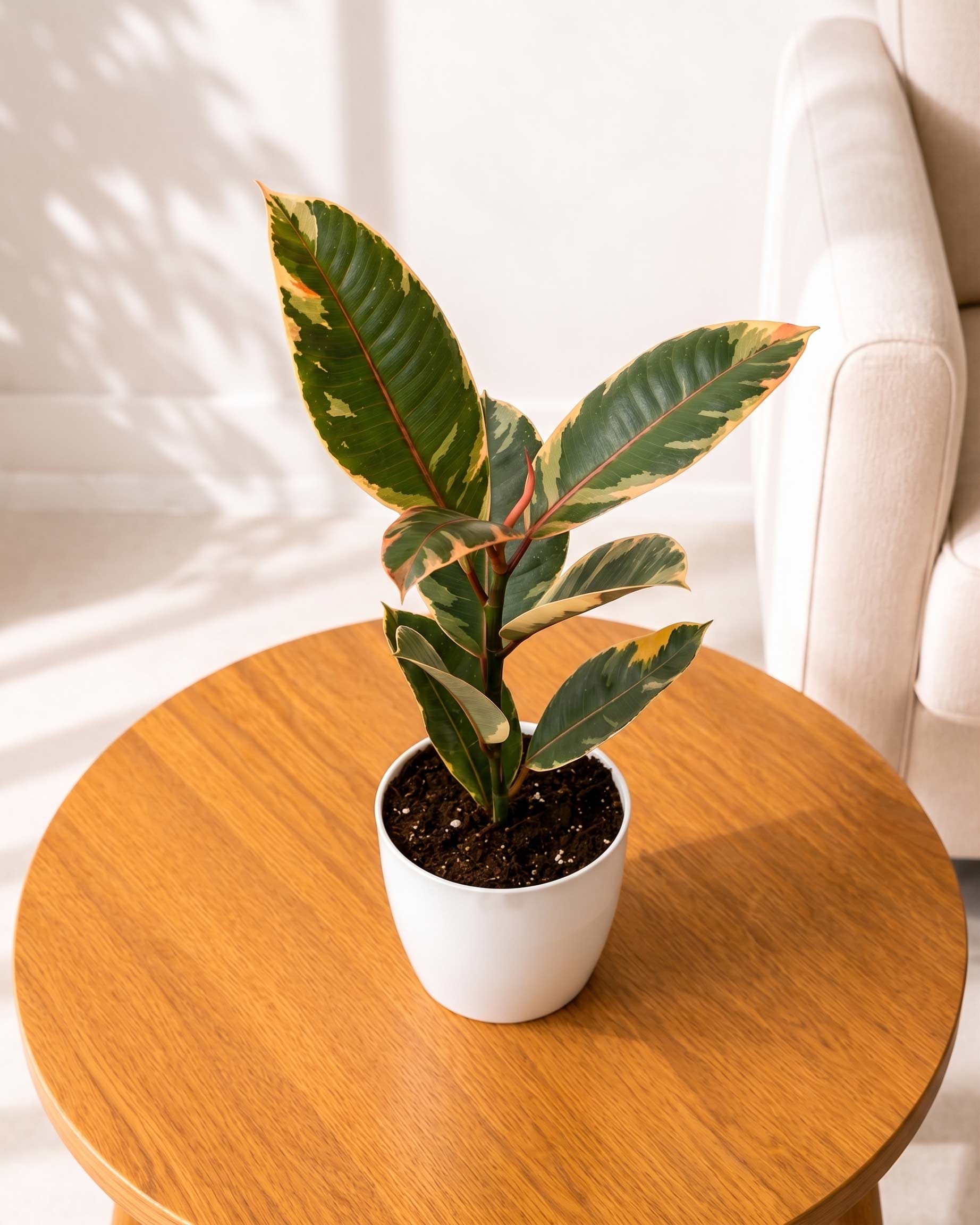 Rubber Plant Variegated in white plastic pot