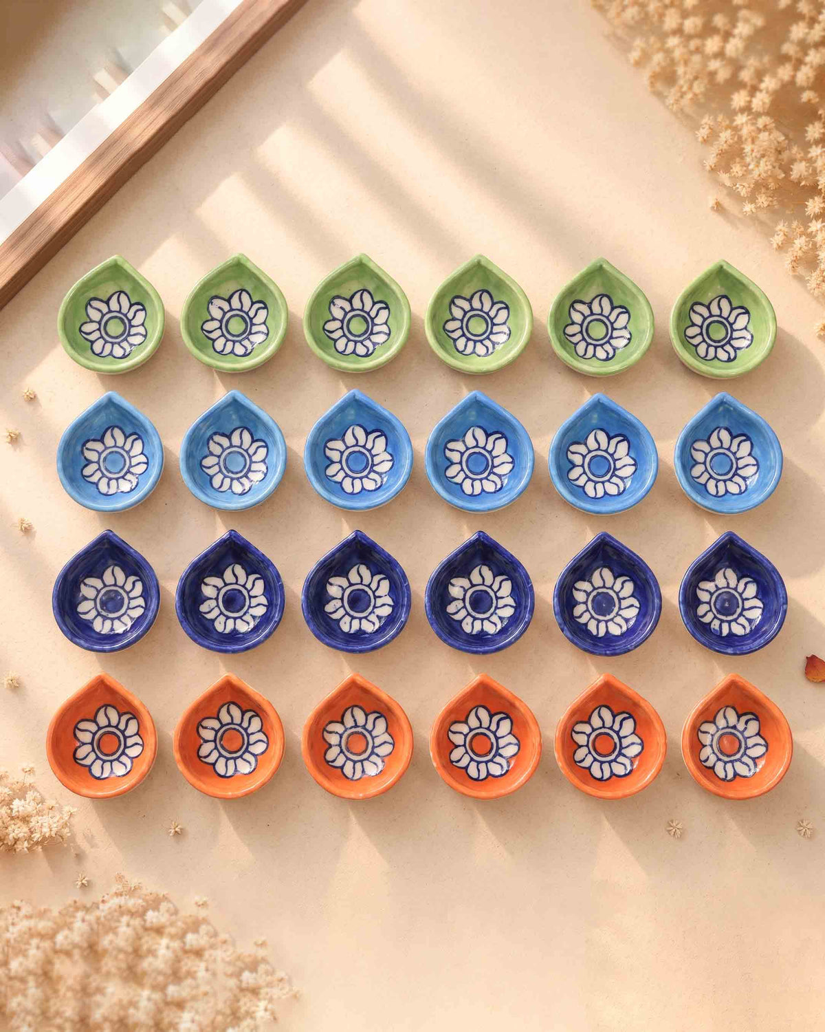 Floral Ceramic Diya Set for Diwali Decoration | Pack of 24